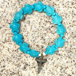 Turquoise Turtle Bead Stretch Bracelet with Shark Tooth Charm!